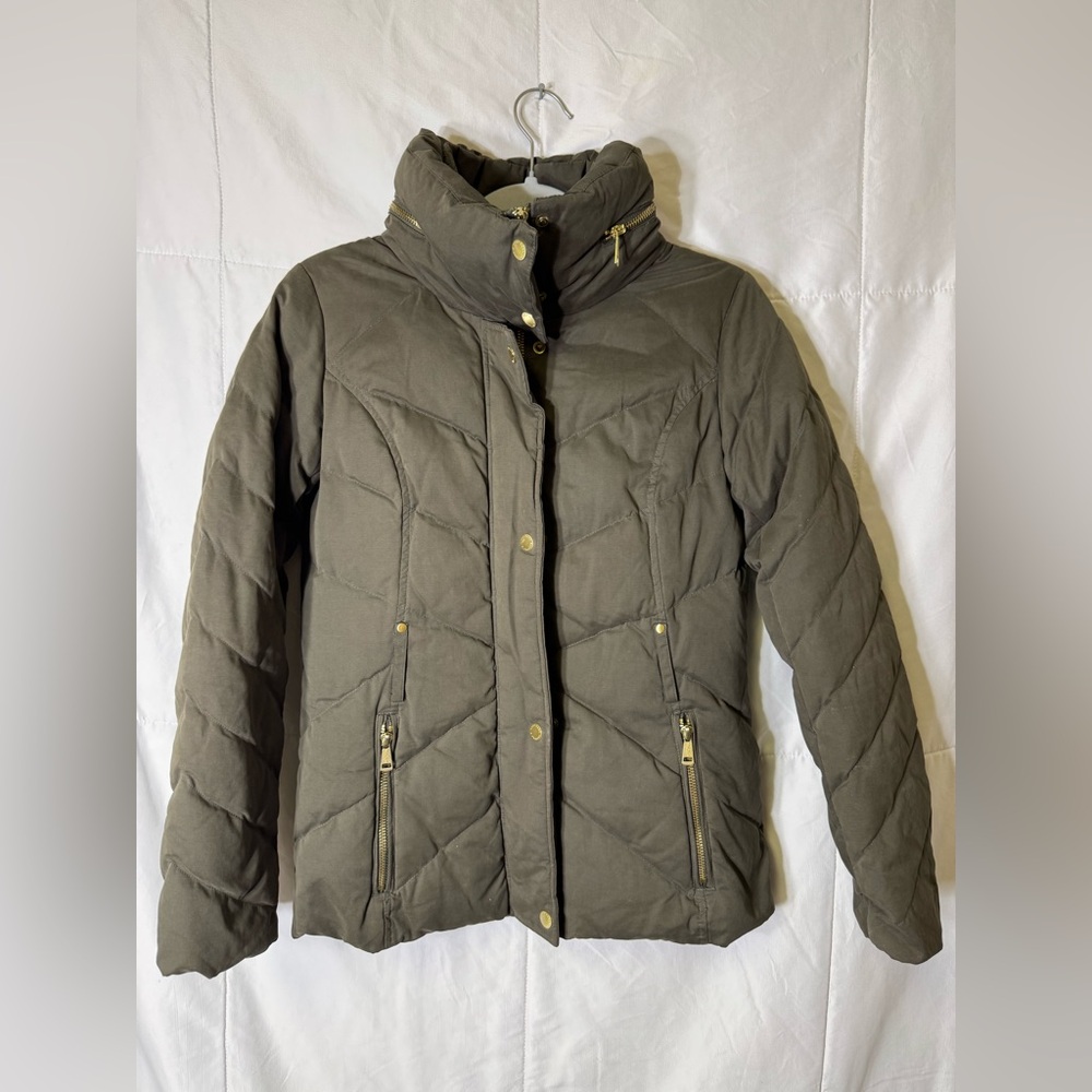 Cole‎ Haan Signature Olive Down Puffer Jacket XS | Gold Zip Hooded Quilted Coat